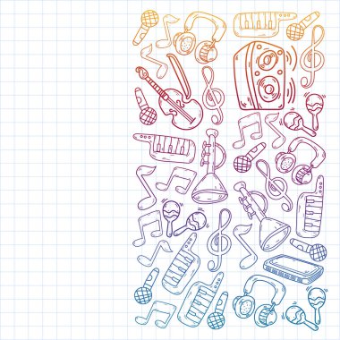 Müzik enstrümanları olan vektör müzik arkaplanı. Rock, piyano, gitar, caz. Melodi ve mikrofon. Konser.