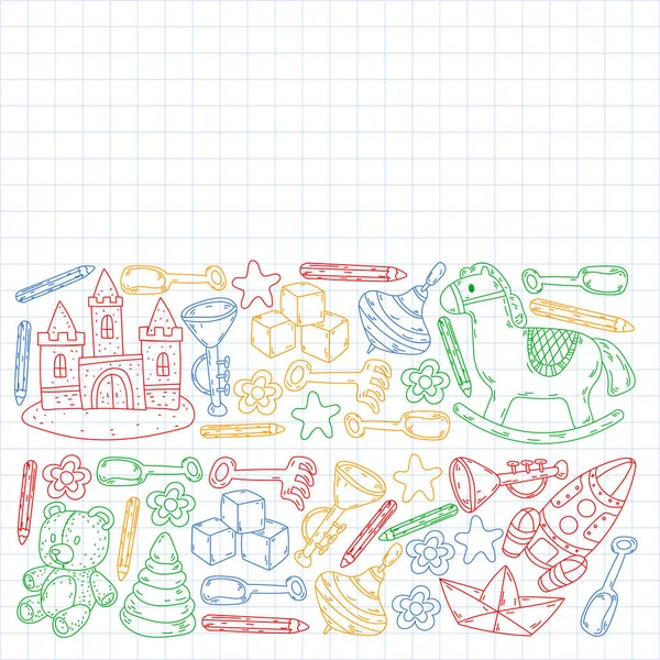 Iconos para niños y niñas. Dibujos dibujados a mano. Fondo de juguetes de jardín de infancia. Ilustración vectorial. — Vector de stock