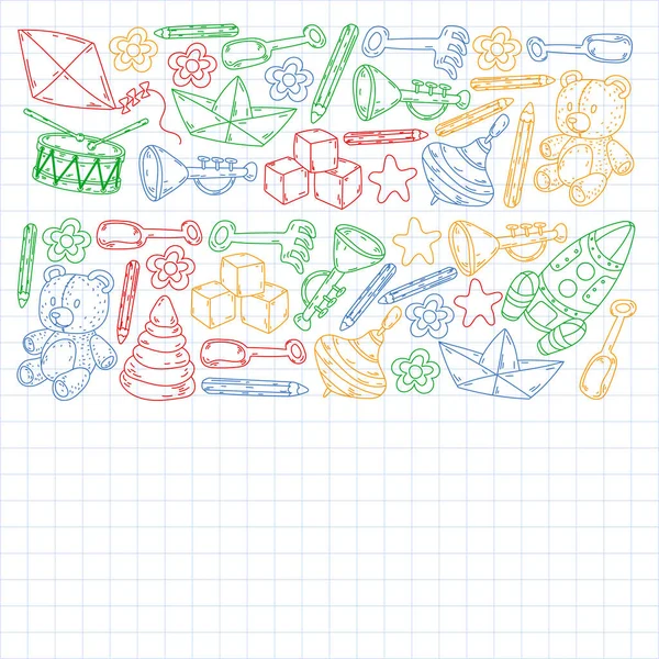 Ikony pro malé chlapce a dívky. Ručně kreslené dětské kresby vzor. Mateřské hračky pozadí. Vektorová ilustrace. — Stockový vektor