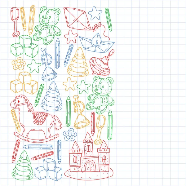 Iconos para niños y niñas. Dibujos dibujados a mano. Fondo de juguetes de jardín de infancia. Ilustración vectorial. — Archivo Imágenes Vectoriales
