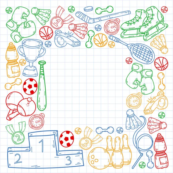 Vector pattern with sport elements. Fitness, games, exercises. Doodle icons  in kids drawing style Stock Vector by ©Helen_F 423980586