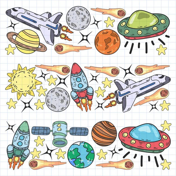 Patrón espacial de garabatos vectoriales. Tierra, Luna, Júpiter, Sol, Saturno. — Vector de stock