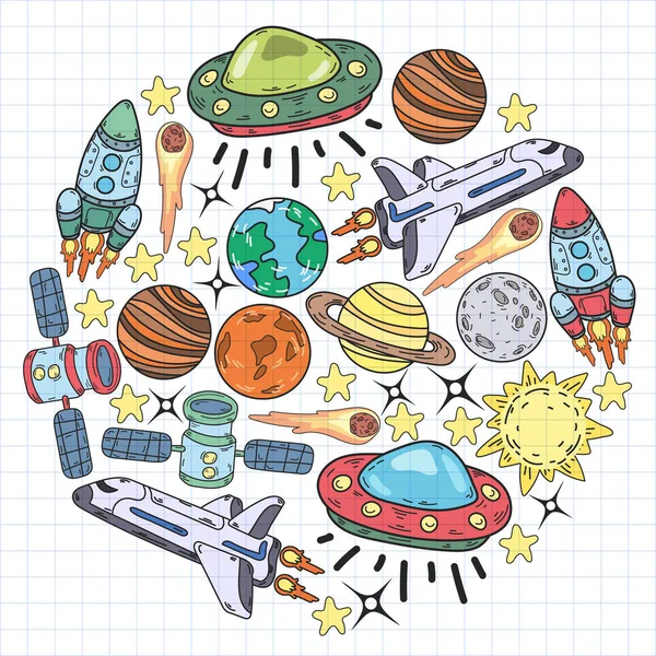 矢量涂鸦空间模式。地球、月球、木星、太阳、土星. — 图库矢量图片