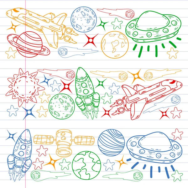 Patrón espacial de garabatos vectoriales. Tierra, Luna, Júpiter, Sol, Saturno. — Archivo Imágenes Vectoriales