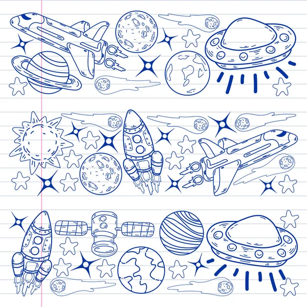 Patrón espacial de garabatos vectoriales. Tierra, Luna, Júpiter, Sol, Saturno. — Archivo Imágenes Vectoriales