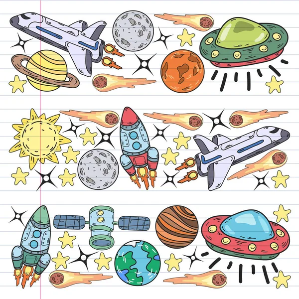 Modèle vectoriel d'espace de doodle. Terre, Lune, Jupiter, Soleil, Saturne. — Image vectorielle