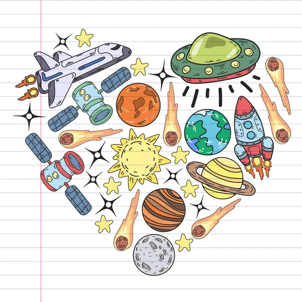 Padrão de espaço vetorial. Terra, Lua, Júpiter, Sol, Saturno. — Vetor de Stock