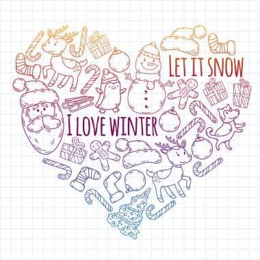 Çocuklu bir Noel kış vektörü. Çocuklar tatil ve spor.