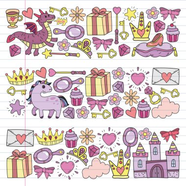 Prenses ve fantezi simgesi ve davetiye ve tebrik kartı tasarım unsuru.