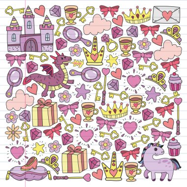 Prenses ve fantezi simgesi ve davetiye ve tebrik kartı tasarım unsuru.