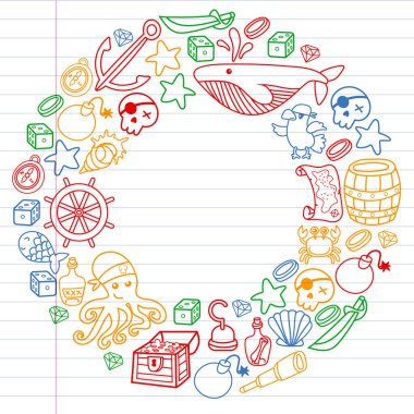 Çocuk korsan partisi. Korsanlığın sembolleri - şapka, kılıç, silahlar, hazine sandığı, gemi, siyah bayrak, neşeli roger amblemi, kafatası ve çapraz kemikler, pusula.