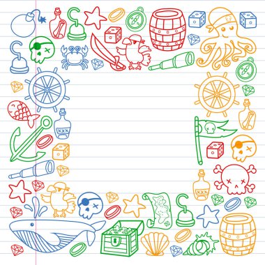 Çocuk korsan partisi. Korsanlığın sembolleri - şapka, kılıç, silahlar, hazine sandığı, gemi, siyah bayrak, neşeli roger amblemi, kafatası ve çapraz kemikler, pusula.