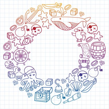 Çocuk korsan partisi. Korsanlığın sembolleri - şapka, kılıç, silahlar, hazine sandığı, gemi, siyah bayrak, neşeli roger amblemi, kafatası ve çapraz kemikler, pusula.