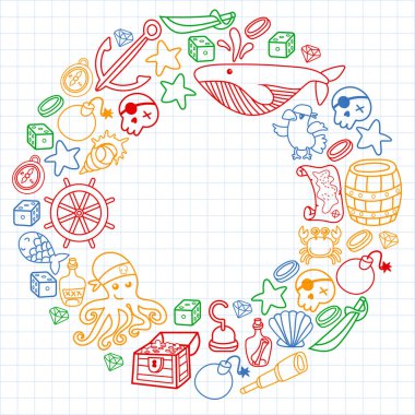 Çocuk korsan partisi. Korsanlığın sembolleri - şapka, kılıç, silahlar, hazine sandığı, gemi, siyah bayrak, neşeli roger amblemi, kafatası ve çapraz kemikler, pusula.