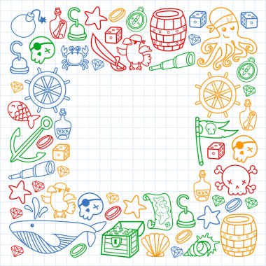 Çocuk korsan partisi. Korsanlığın sembolleri - şapka, kılıç, silahlar, hazine sandığı, gemi, siyah bayrak, neşeli roger amblemi, kafatası ve çapraz kemikler, pusula.