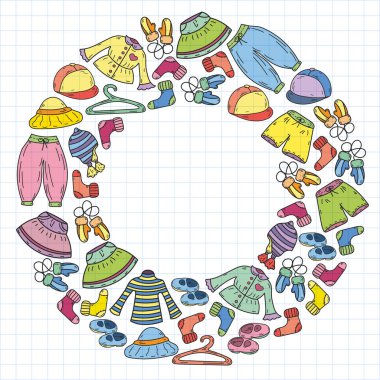 Vektör çocuk modası. Küçük kızlar ve oğlanlar için güzel elbiseler.