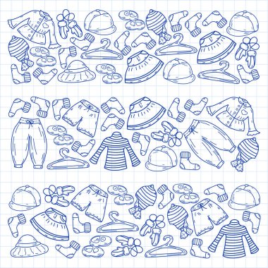 Vektör çocuk modası. Küçük kızlar ve oğlanlar için güzel elbiseler.