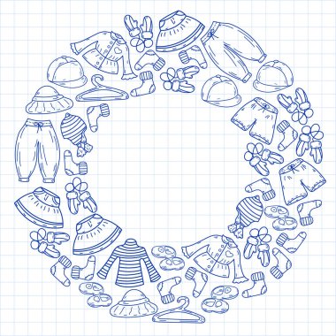 Vektör çocuk modası. Küçük kızlar ve oğlanlar için güzel elbiseler.