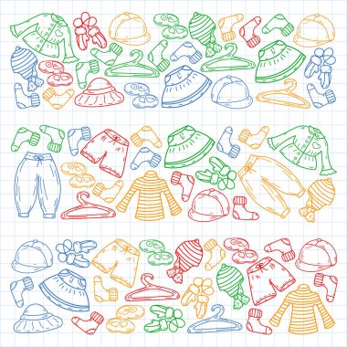 Vektör çocuk modası. Küçük kızlar ve oğlanlar için güzel elbiseler.