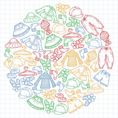 Vektör çocuk modası. Küçük kızlar ve oğlanlar için güzel elbiseler.