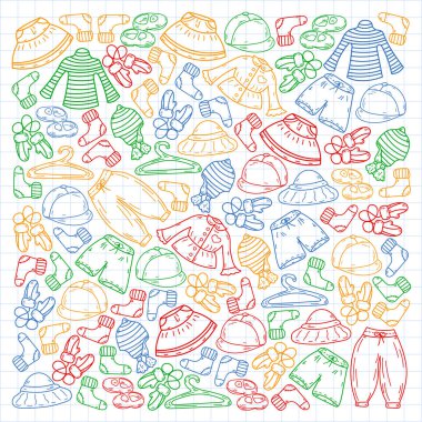 Vektör çocuk modası. Küçük kızlar ve oğlanlar için güzel elbiseler.