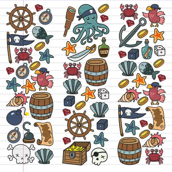 Fiesta de niños piratas. Símbolos de la piratería sombrero, espadas, armas, cofre del tesoro, barco, bandera negra, emblema alegre roger, cráneo y huesos cruzados, brújula. — Vector de stock