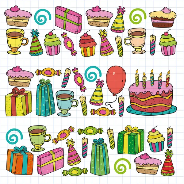 Happy birthday pattern. Set of vector birthday party elements. — Stock Vector
