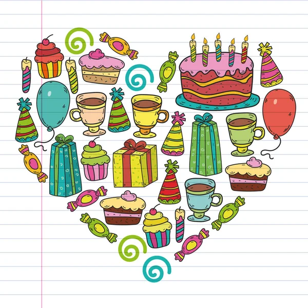 Happy birthday pattern. Set of vector birthday party elements. — Stock Vector