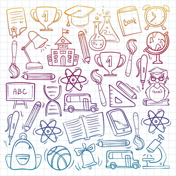 Ícones doodle vetor e padrão para voltar para cartazes e banners da escola — Vetor de Stock