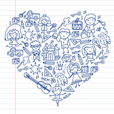 Okul, sevimli vektör çocukların olduğu anaokulu. Dans, şarkı, resim, online eğitim. Yaratıcılık ve hayal gücü.