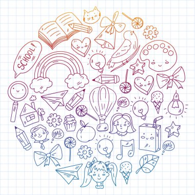 Eğitim simgeleri ayarlandı. Okul ve kolej. Yaratıcılık ve hayal gücü.