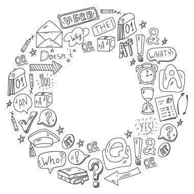 Karalama vektör deseni. İngilizce öğrenmenin illüstrasyonu. E-öğrenme, İnternet eğitimi.