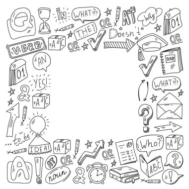 Karalama vektör deseni. İngilizce öğrenmenin illüstrasyonu. E-öğrenme, İnternet eğitimi.