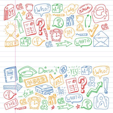 Karalama vektör deseni. İngilizce öğrenmenin illüstrasyonu. E-öğrenme, İnternet eğitimi.