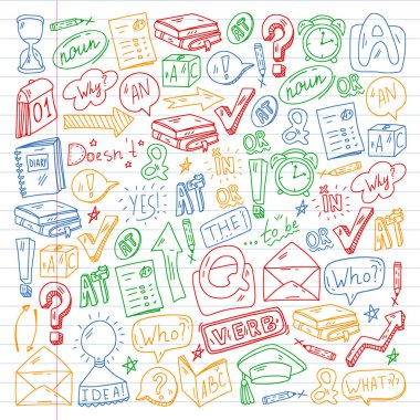 Karalama vektör deseni. İngilizce öğrenmenin illüstrasyonu. E-öğrenme, İnternet eğitimi.