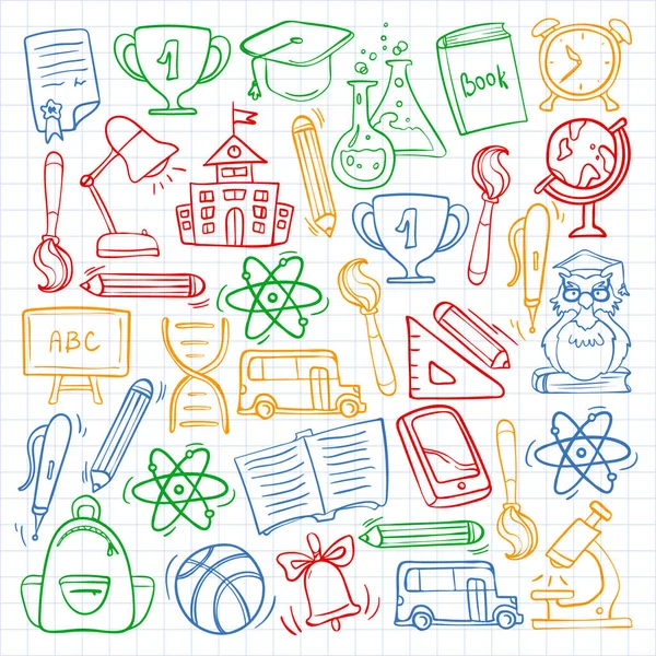 Ícones doodle vetor e padrão para voltar para cartazes e banners da escola — Vetor de Stock