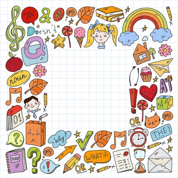 Back to school. Vector illustration with icons about education. English learning. Online internet courses. — Stock Vector