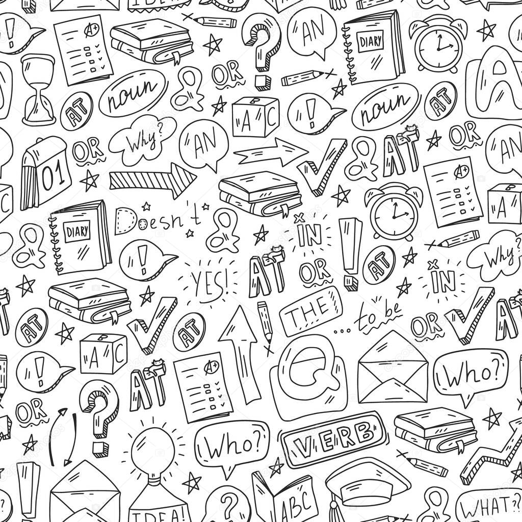 Doodle vector pattern. Illustration of learning English language. E-learning, online education in internet.