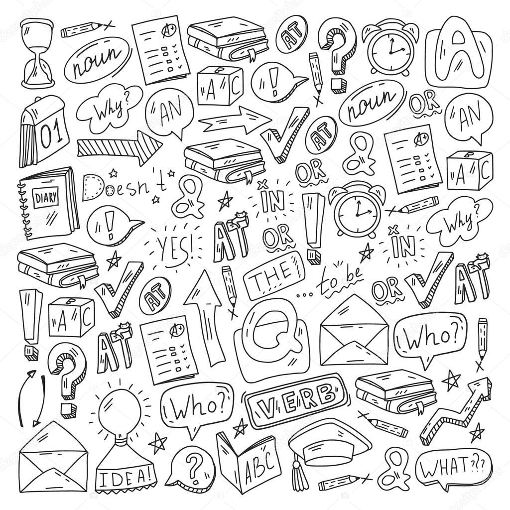 Doodle vector pattern. Illustration of learning English language. E-learning, online education in internet.