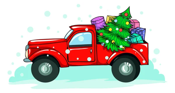 Caminhão de Natal retrô vermelho com um abeto, presentes. Ilustração vetorial. — Vetor de Stock