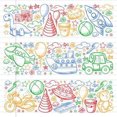 Oyuncak seti. Vektör düz çizgi film çizimi. Tahta ve plastik oyuncaklar, eğlence ve aktivite. Anaokulu, kreş..