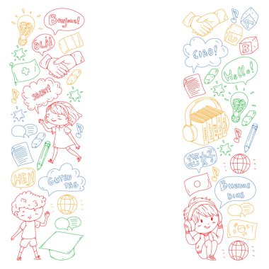 Dil sınıfı için vektör deseni, çevrimiçi kurslar. İngilizce, Arapça, İtalyanca, Japonca, İspanyolca, Çince, Almanca.