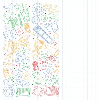 Sinema, video. Vektör simgelerinin karalama kümesi. Megafon, kamera, film. Müzikal tiyatro, girişken.