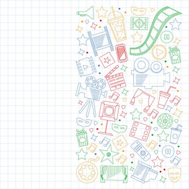 Sinema, video. Vektör simgelerinin karalama kümesi. Megafon, kamera, film. Müzikal tiyatro, girişken.