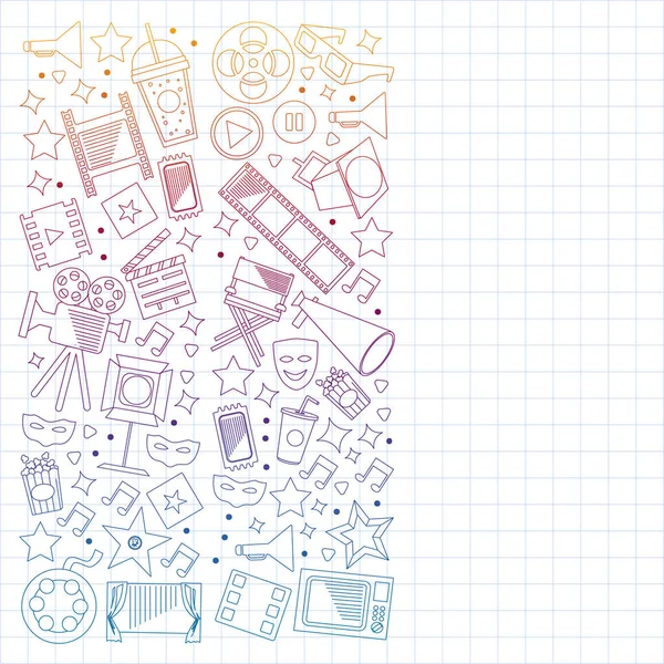 Cine, video. Doodle conjunto de iconos vectoriales. Megáfono, cámara, película. Teatro musical, entretenimiento.. — Vector de stock