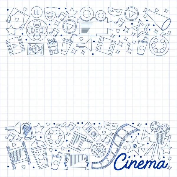 Bioscoop, video. Doodle set vectoriconen. Megafoon, camera, film. Muziektheater, entertaiment. — Stockvector