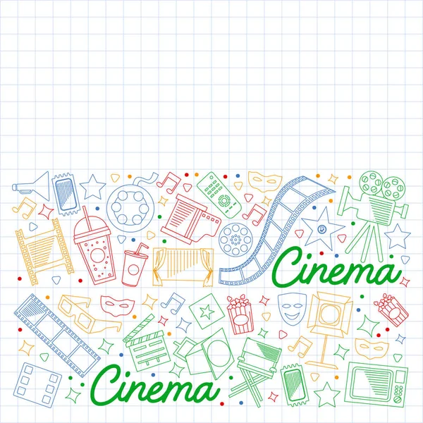 Cine, video. Doodle conjunto de iconos vectoriales. Megáfono, cámara, película. Teatro musical, entretenimiento.. — Vector de stock