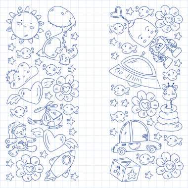 Anaokulu, oyuncak vektör deseni. Küçük çocuklar yaratıcılık ve hayal gücü. Çevrimiçi eğitim, eğitim oyunları.