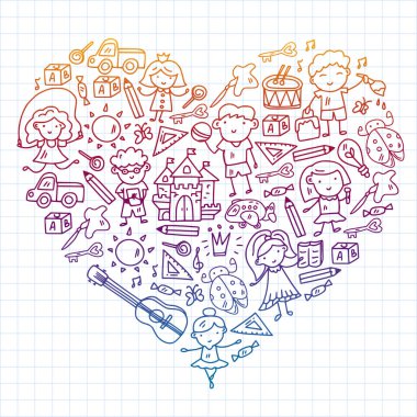 Okul, sevimli vektör çocukların olduğu anaokulu. Dans, şarkı, resim, online eğitim. Yaratıcılık ve hayal gücü.