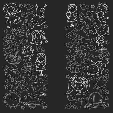 Çocuklar için çizilmiş nesneler. Oyuncaklar, oğlanlar ve kızlar. Anaokulu çocukları. Vektör ana hatları simgeleri